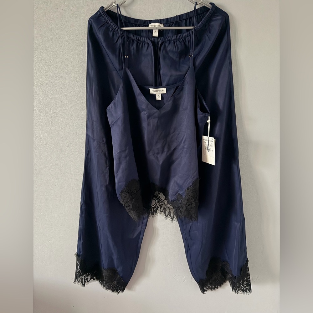Nordstrom Midnight Blue Pajama Set with Lace Trim